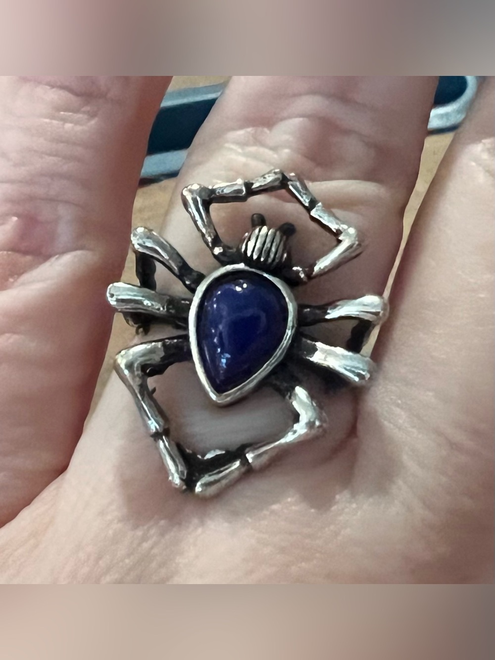 Natural Stone Blue Lapis Spider Adjustable Ring Stainless Steel Whimsigoth